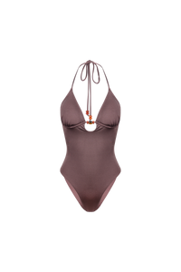 Brown halter neck one piece bathing suit on plain background
