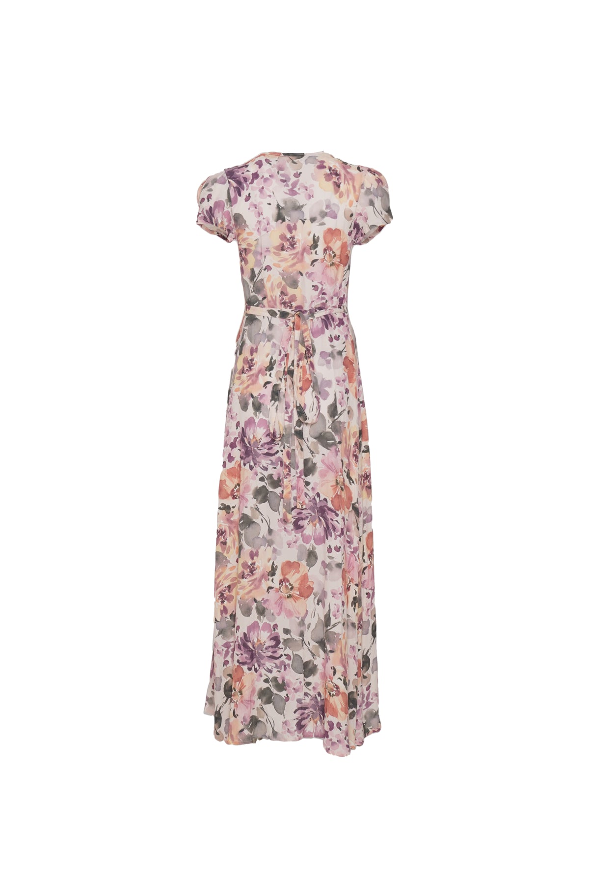 Back view of a floral print wrap dress