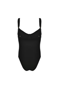 back of a Black one piece bathing suit on white background 