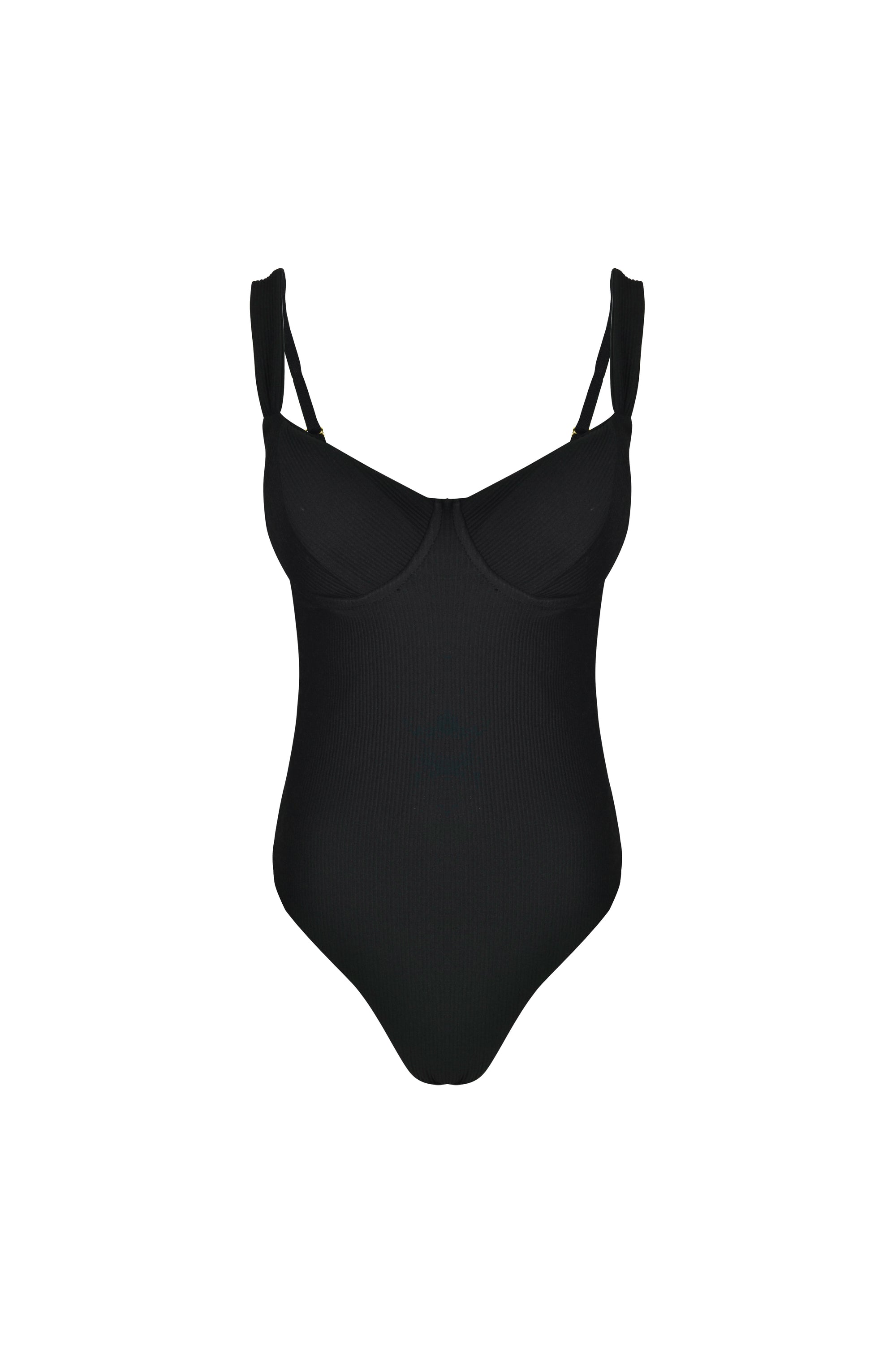 Front of a Black one piece bathing suit on white background 