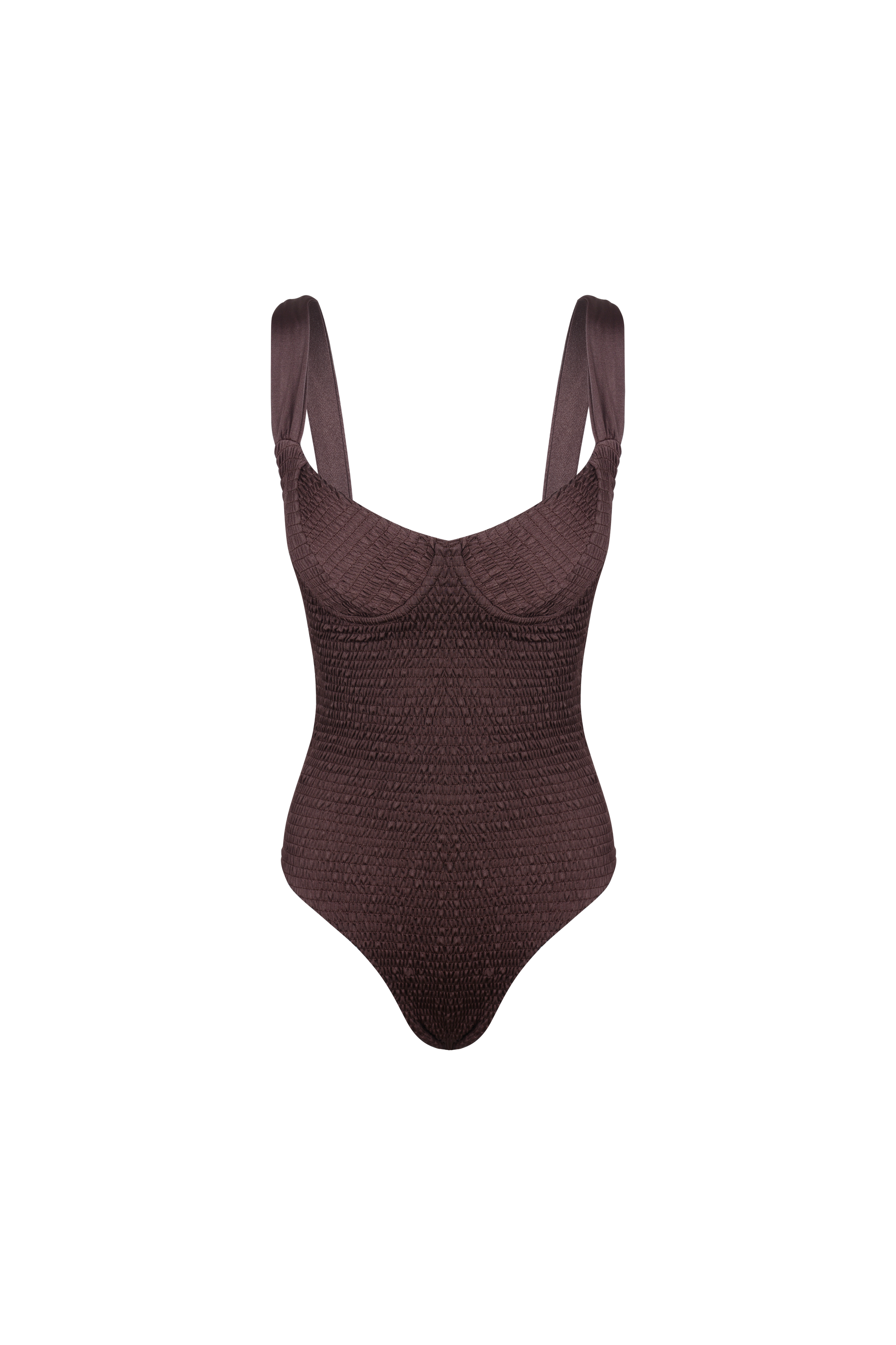 Brown one piece bathing suit on a plain background