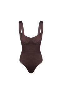 Brown one piece bathing suit on a plain background