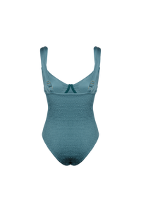 back view of one piece bathing suit in ocean blue