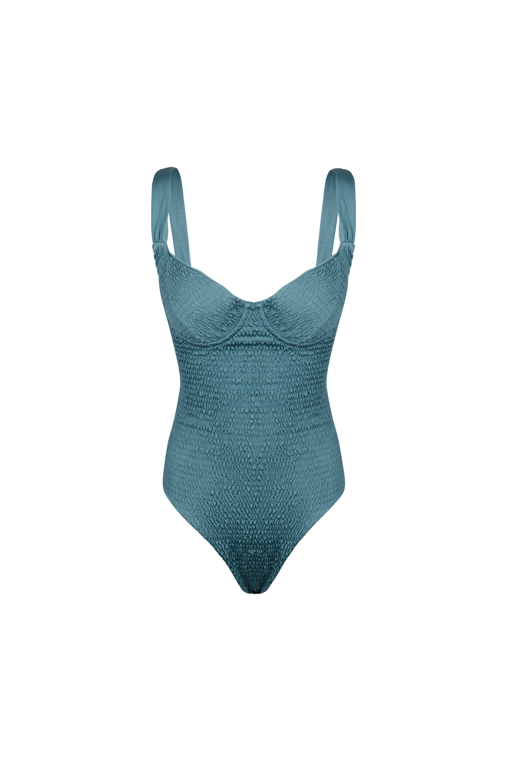 Front view of one piece bathing suit in ocean blue