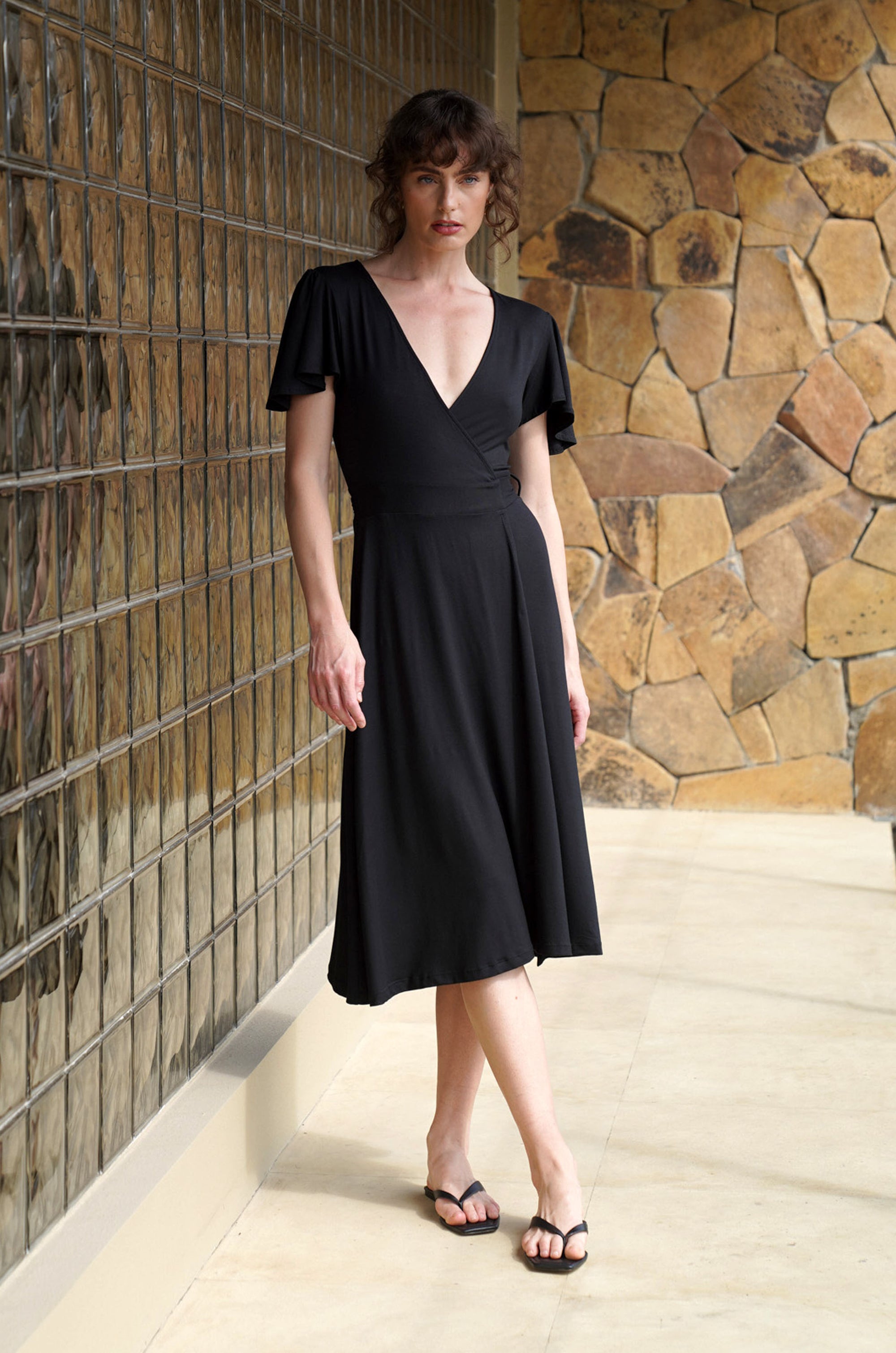 Lucia Midi Wrap Dress | Solid Black HAZEL & FOLK Lucia Midi Wrap Dress | Solid Black HAZEL & FOLK