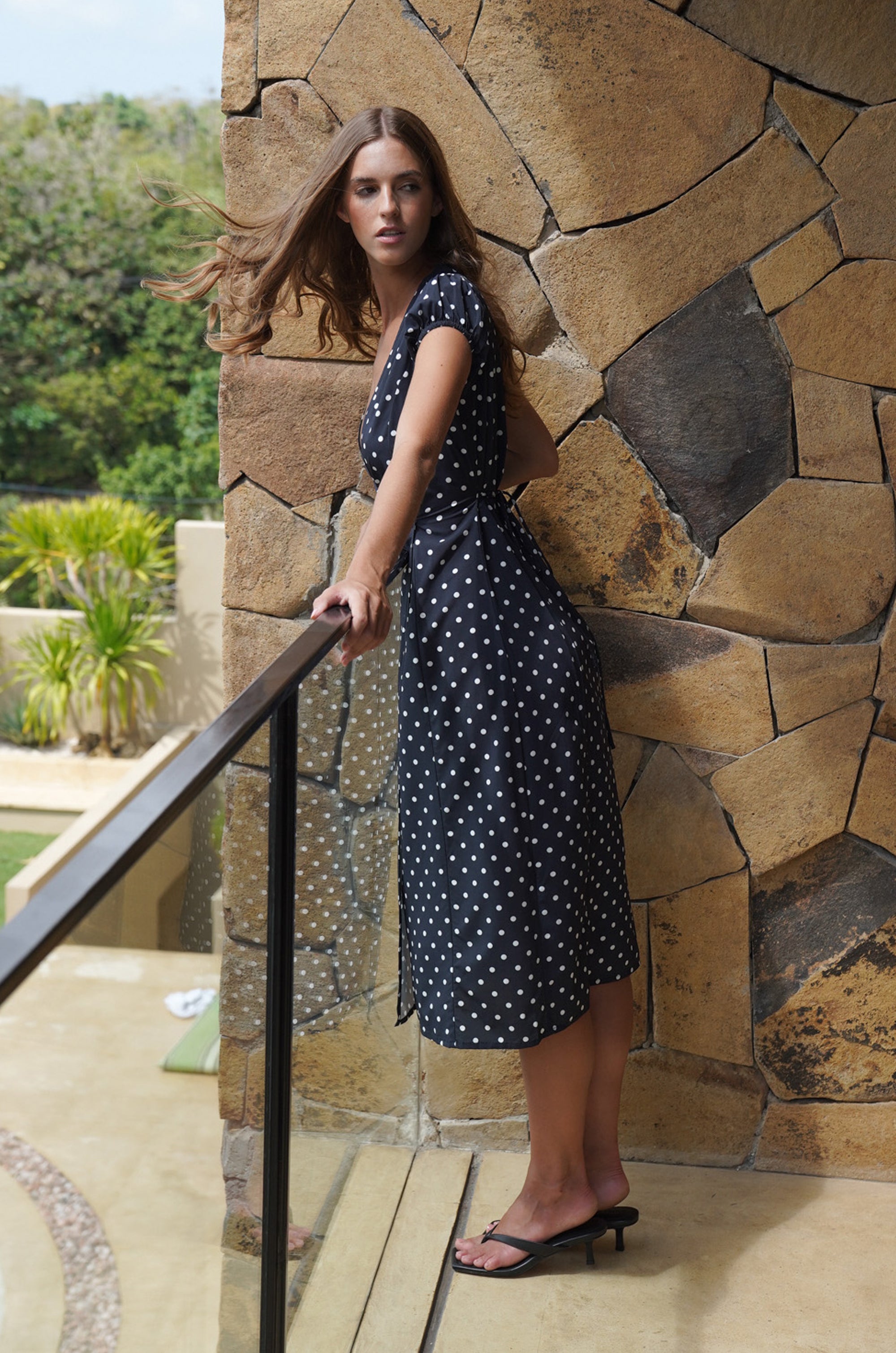 polka dot wrap dress midi Wrap Neck Sleeveless Tailored Midi Dress