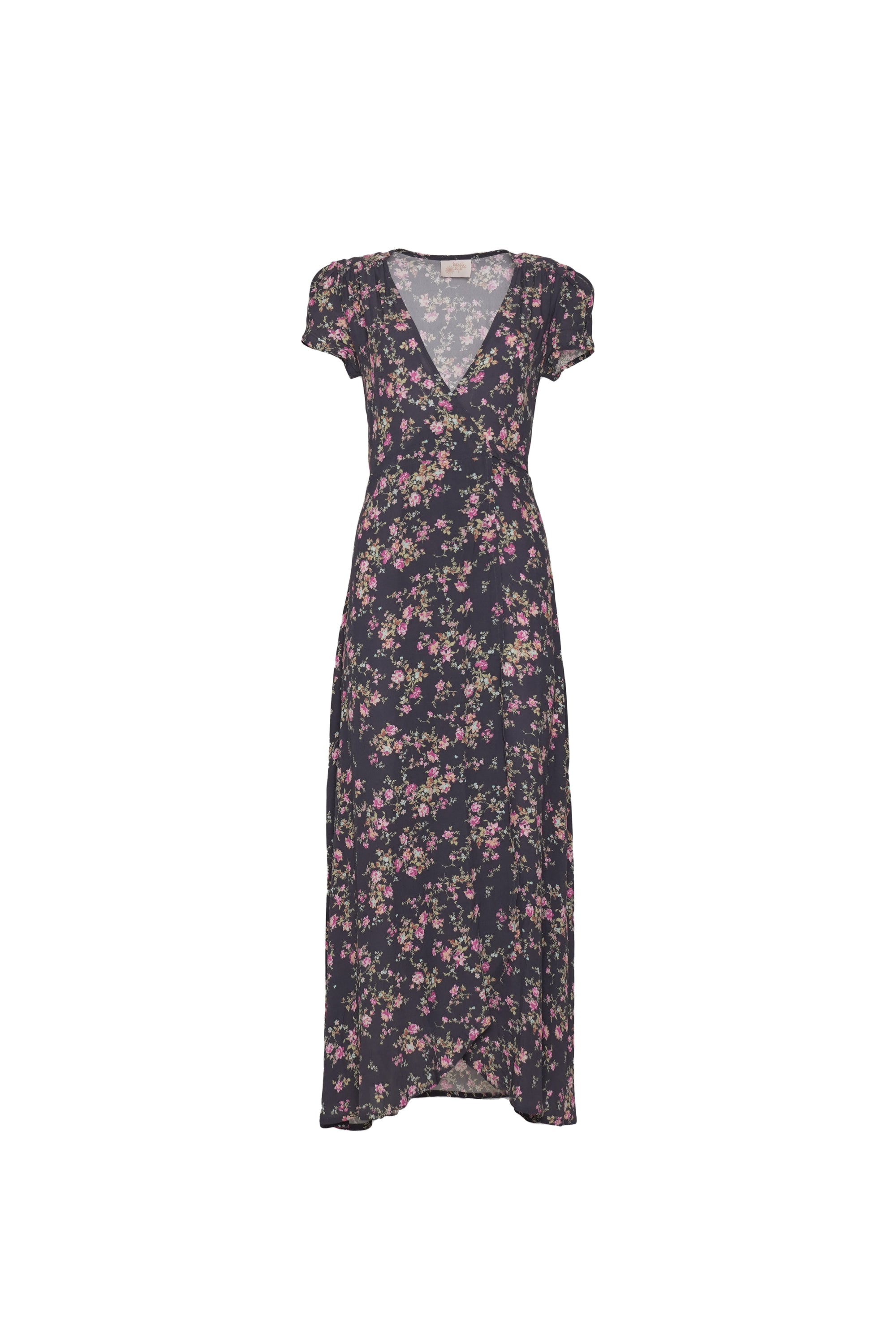Front view of a floral print wrap maxi dress