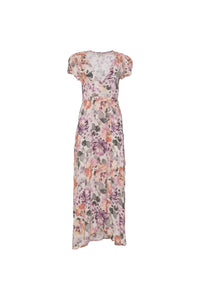 Front view of a floral print wrap dress