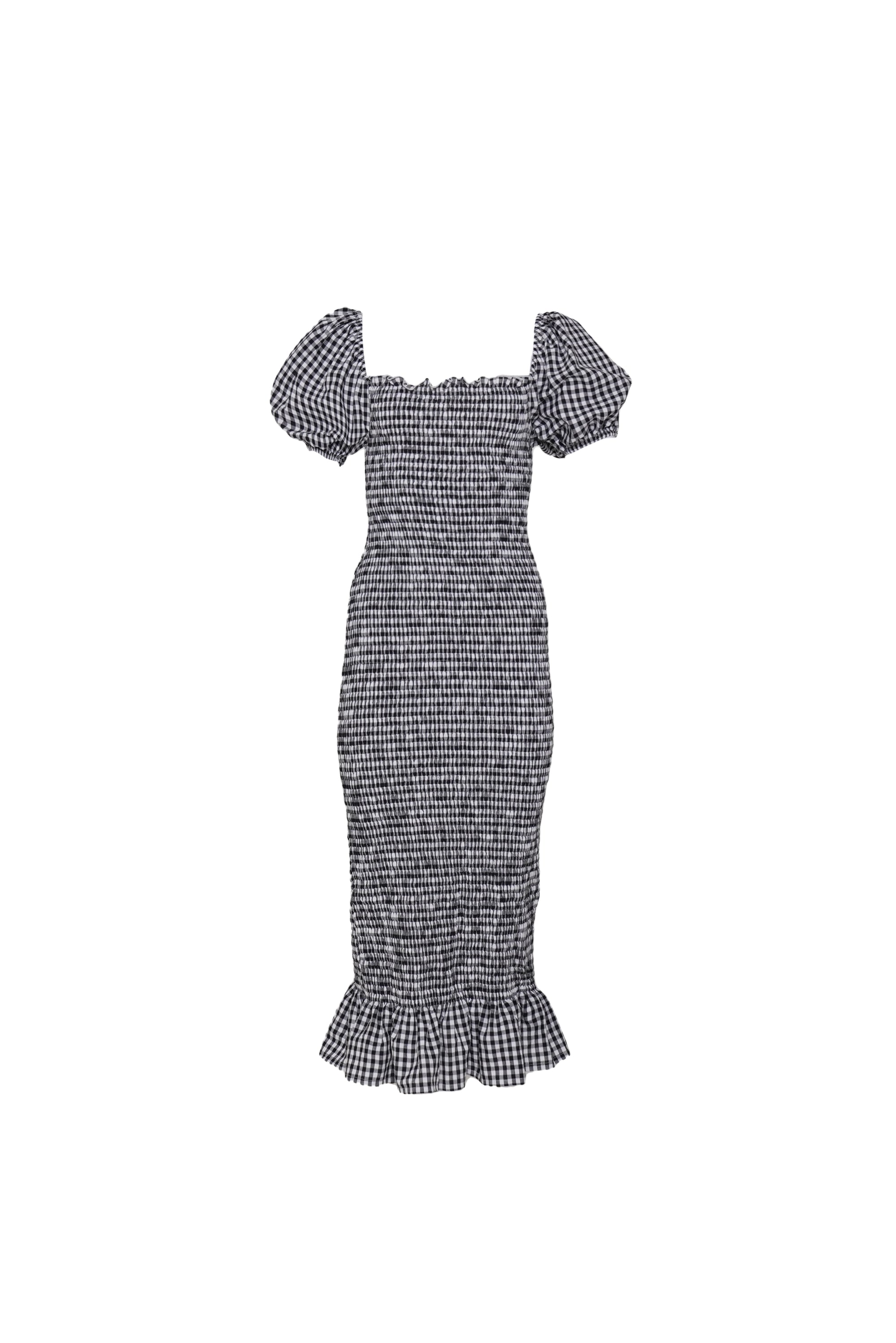 Front view of a black gingham midi dress