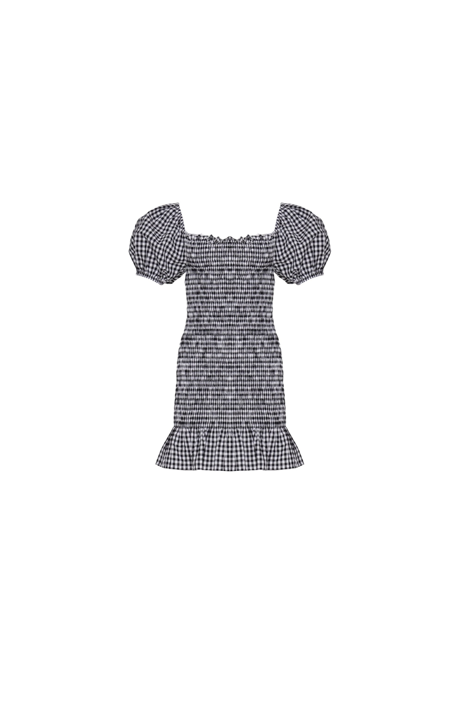 Front view of a Black gingham mini dress