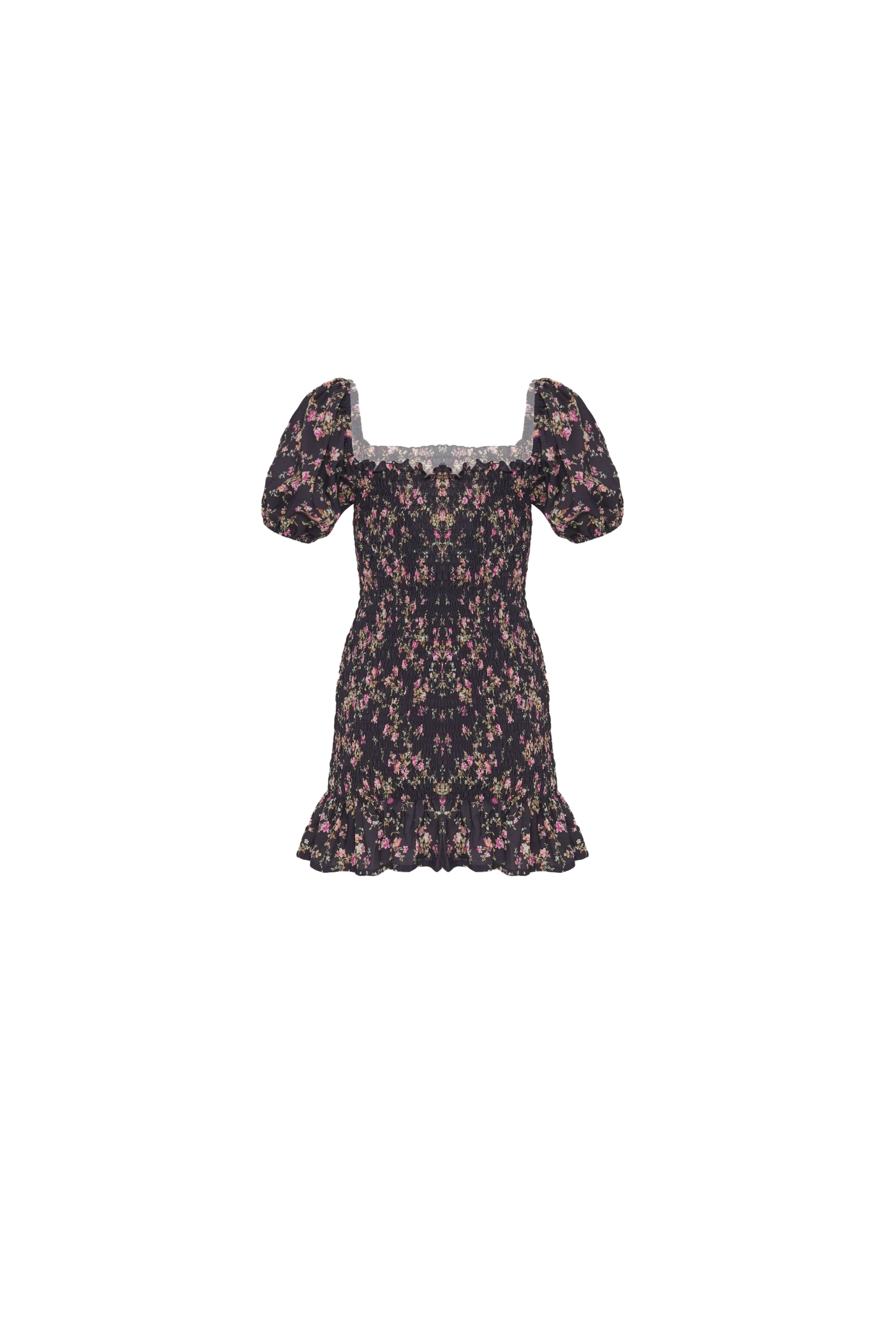 Back view of black floral puff sleeve mini dress
