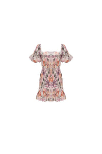 Back view of rosy floral puff sleeve mini dress