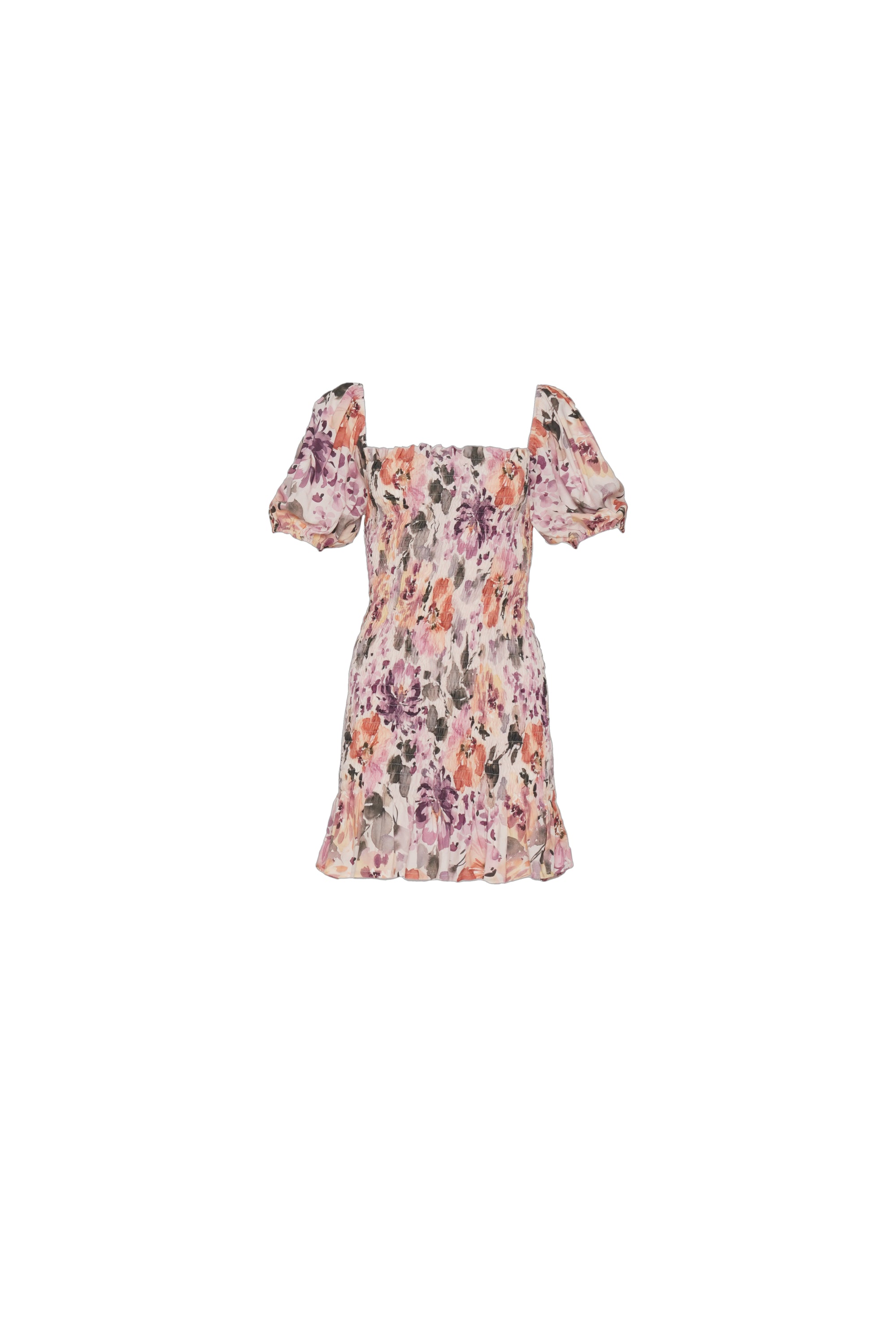 Front view of rosy floral puff sleeve mini dress