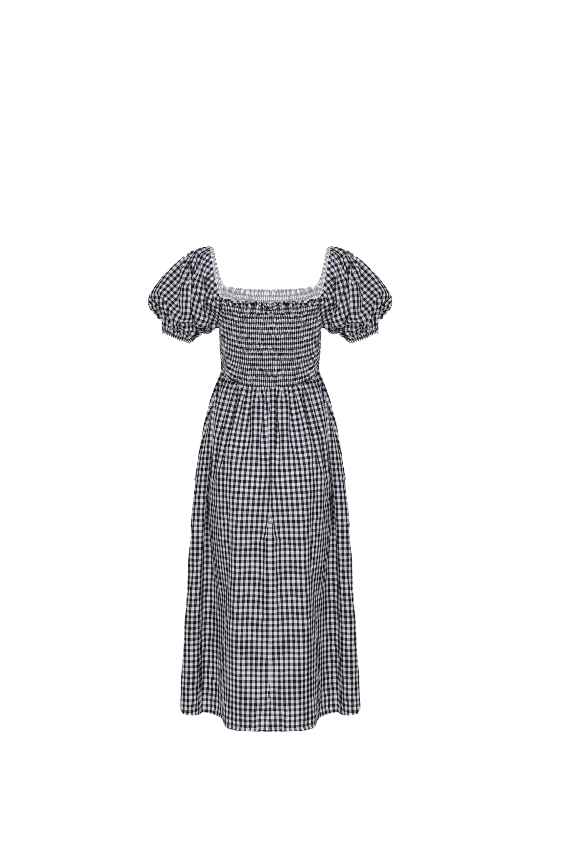 Back view of a square neck gingham midi dress