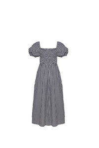 Front view of a square neck gingham midi dress