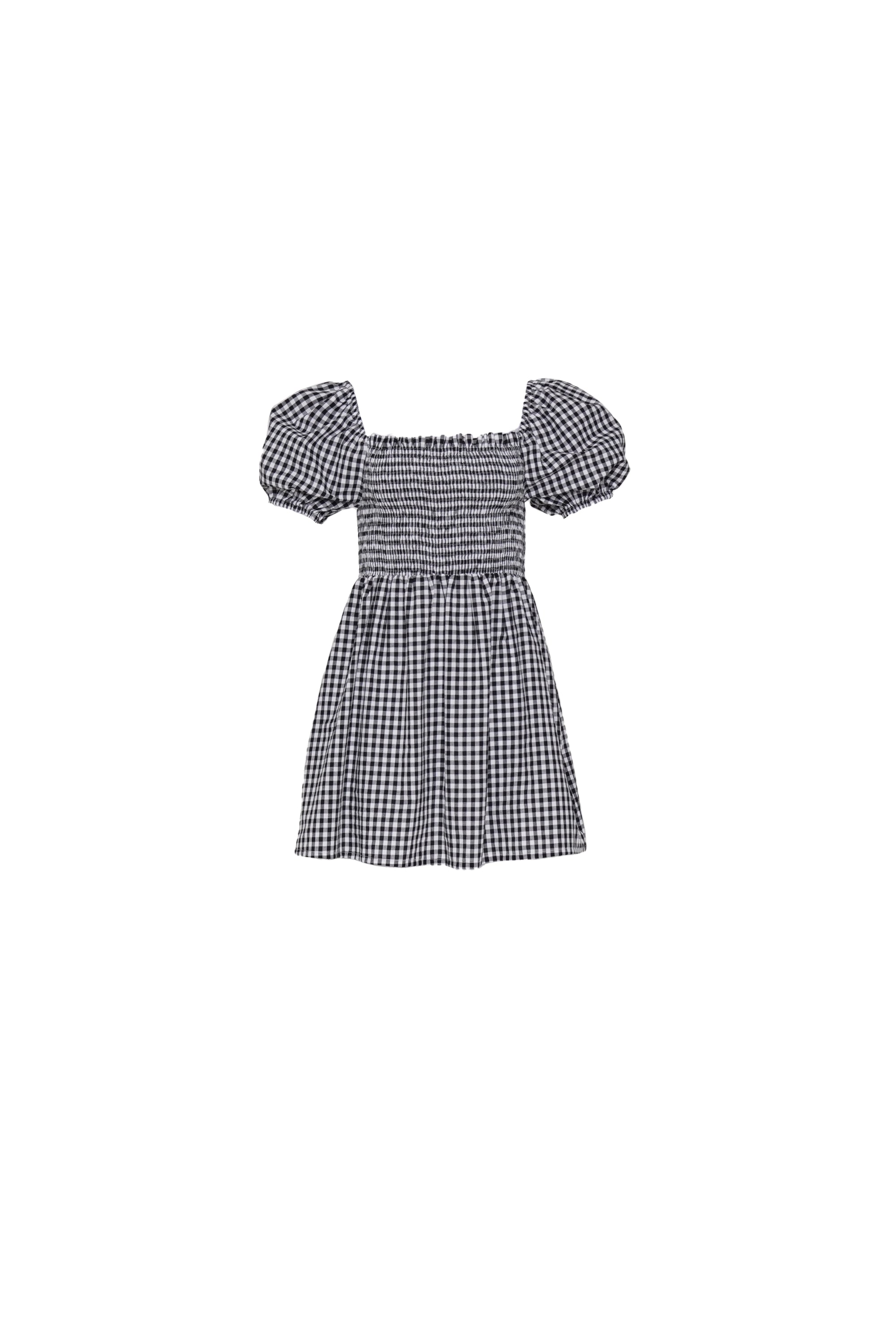 Front view of a Black gingham mini dress