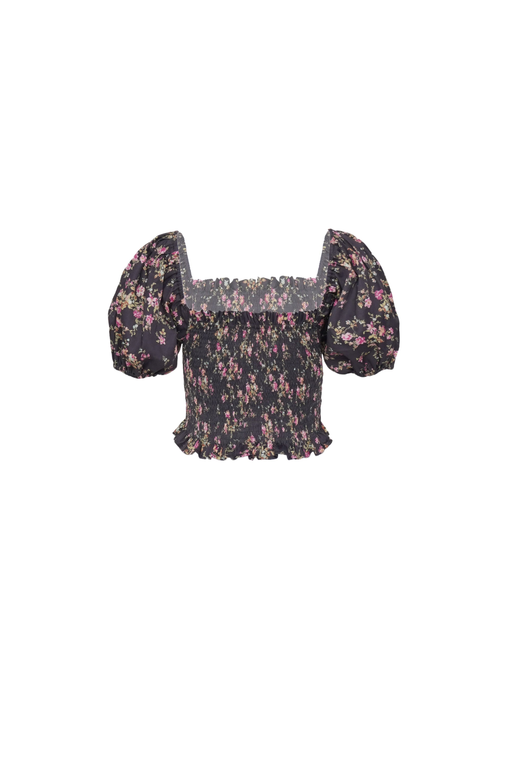Back view of a floral print puff sleeve top