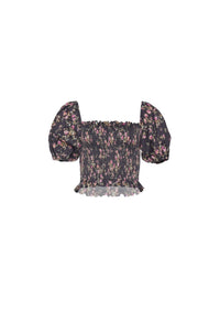 Front view of a black floral print puff sleeve top