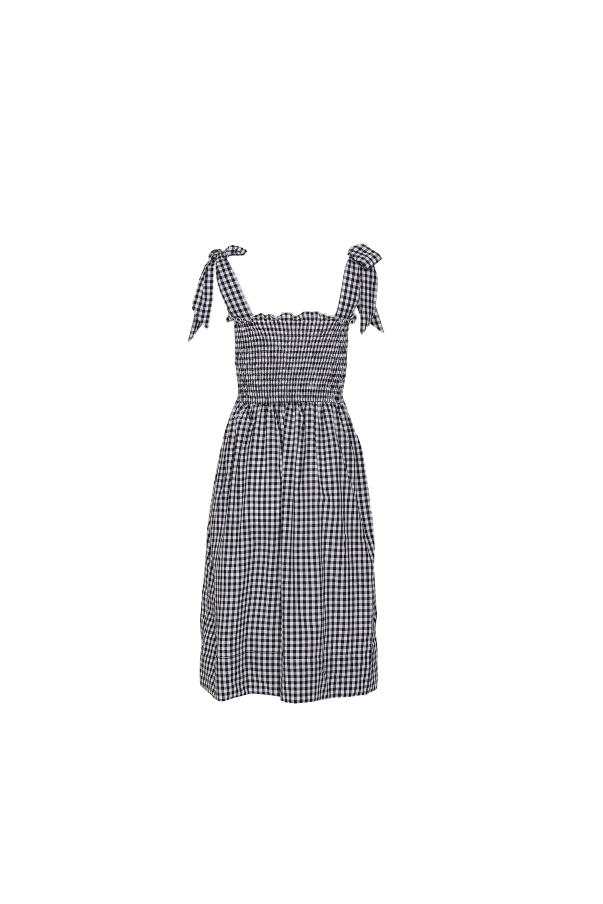 Back view of a shoulder tie, black gingham midi dress