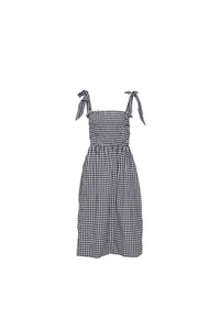Front view of a shoulder tie, black gingham midi dress