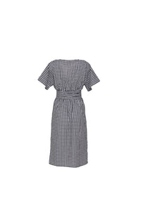 Back view of a black gingham tie-front midi dress