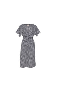 Front view of a black gingham tie-front midi dress