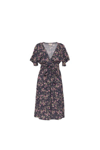Front view of v-neck tie-front floral print midi dress