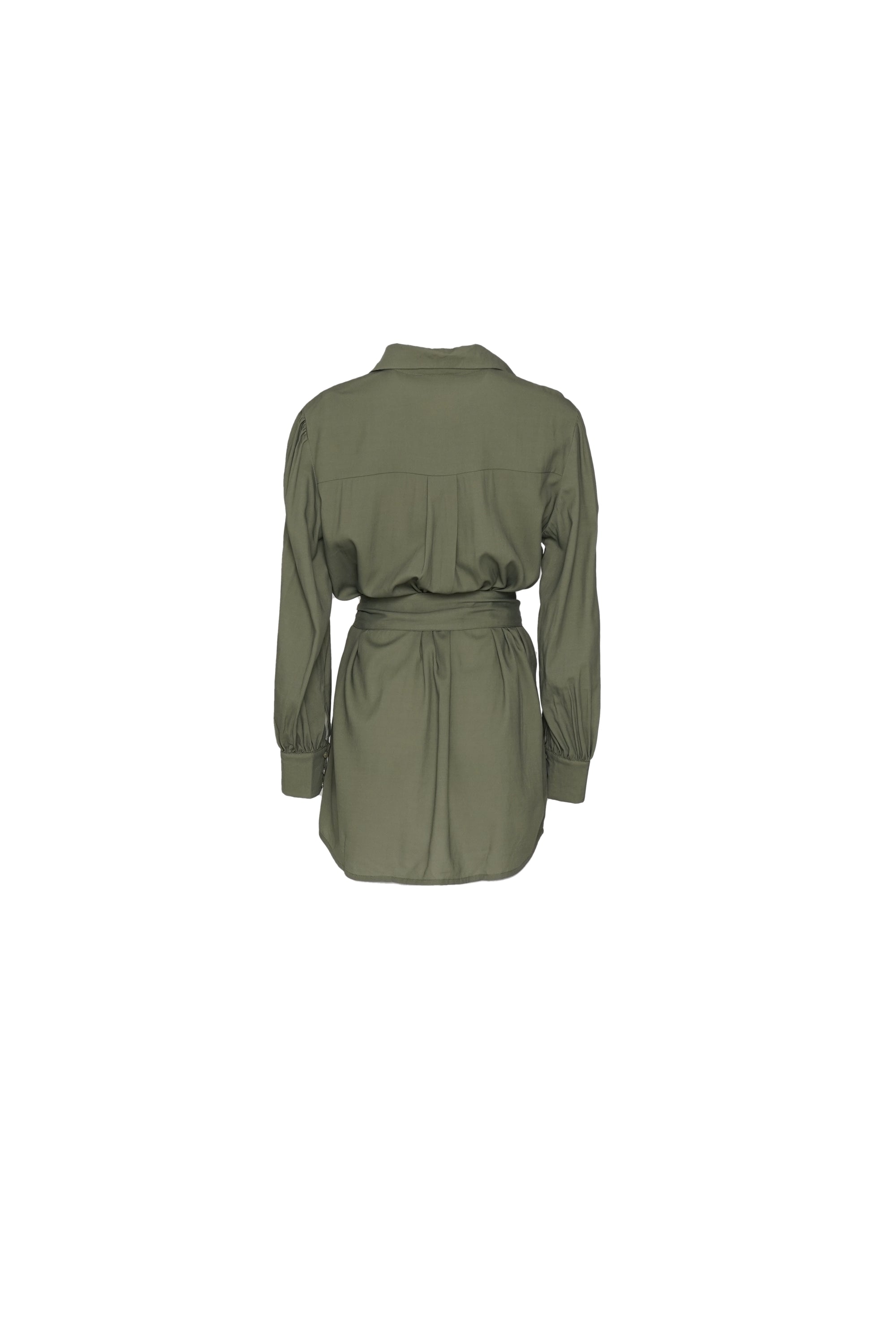 Back view of silky-feel olive green shirt dress