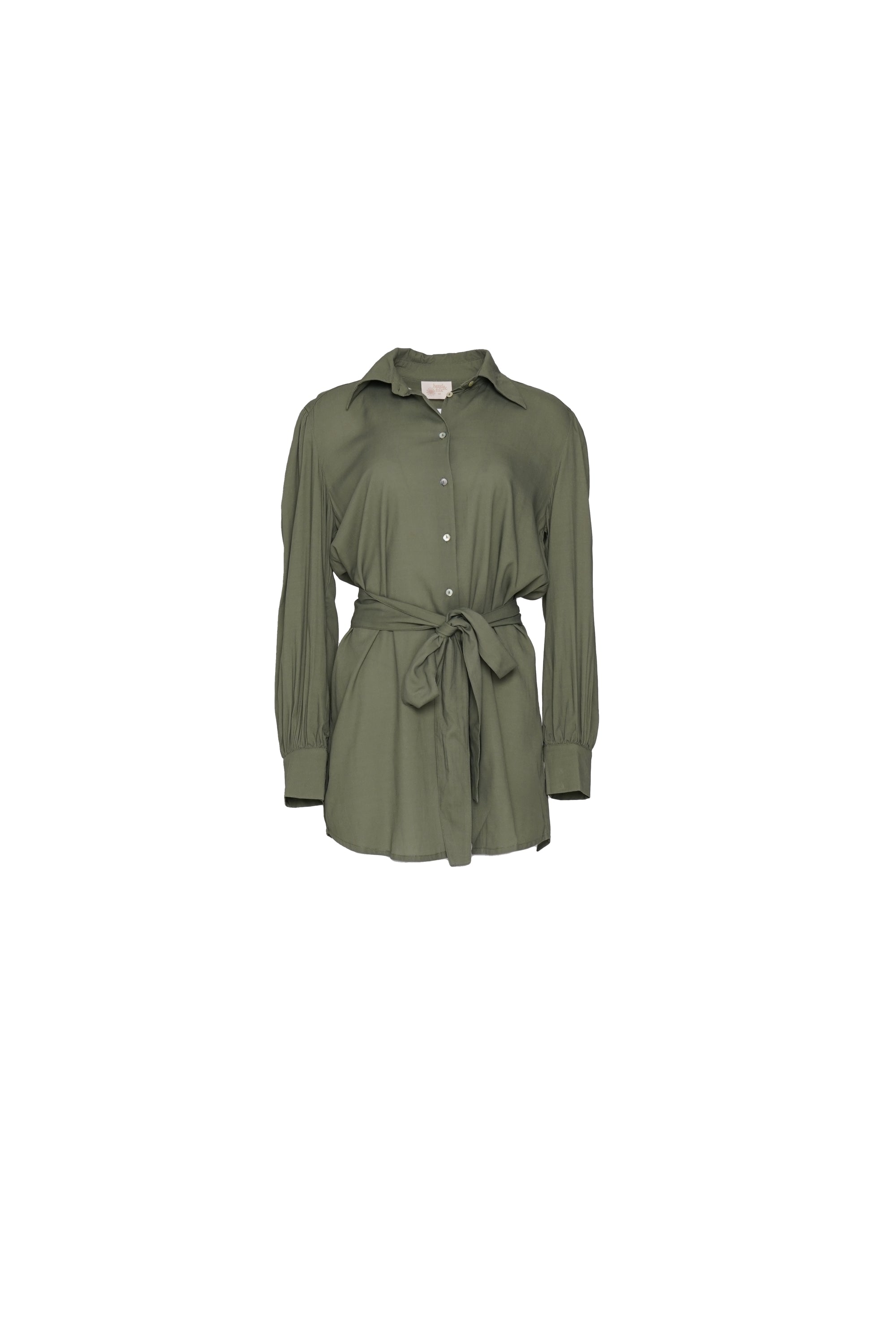 Front view of silky-feel olive green shirt dress